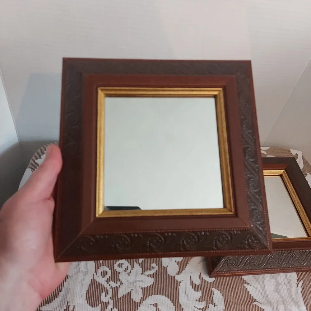 Home Interiors & Gifts Vintage Square Wall Mirrors Brown Gold Scroll Set of 2